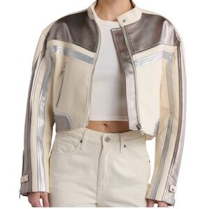 BLANKNYC Time Traveler Crop Racer Moto Jacket Vegan Leather XS Cream and Silver